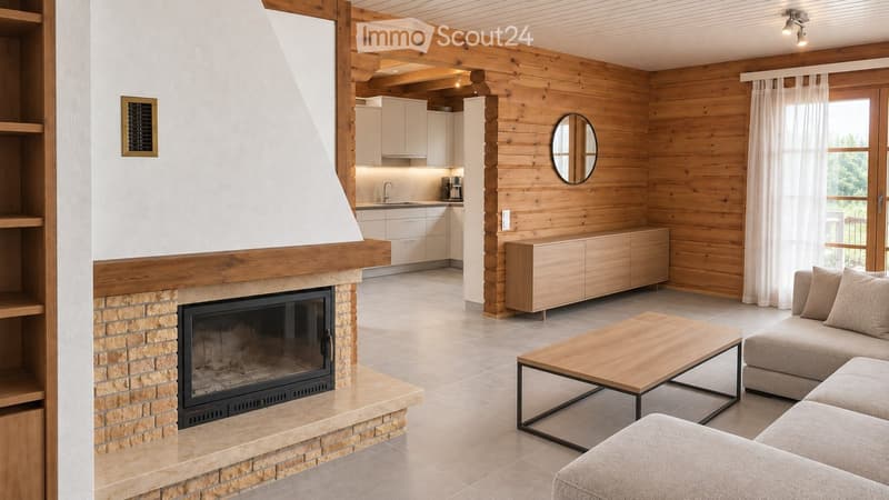 Modern living room with a fireplace, sofa, coffee table, and an open kitchen area with white cabinets and a sink.