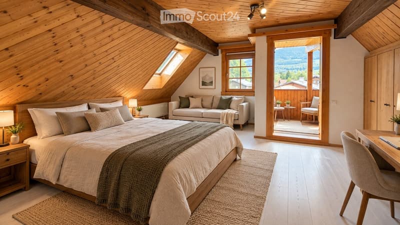 Cozy attic bedroom with wooden beams, large windows offering a scenic view, a comfortable bed, a sofa, a chair, a small table, and decorative lamps.