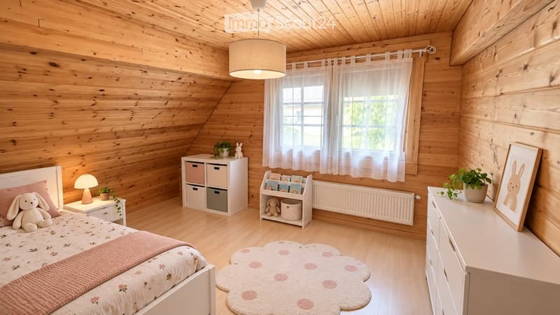 Cozy wooden bedroom with a bed, nightstand, storage unit, bookshelf, and decorative items.