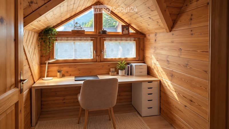Cozy wooden attic room with a desk, chair, laptop, lamp, storage unit, potted plant, and picture frame on the windowsill.