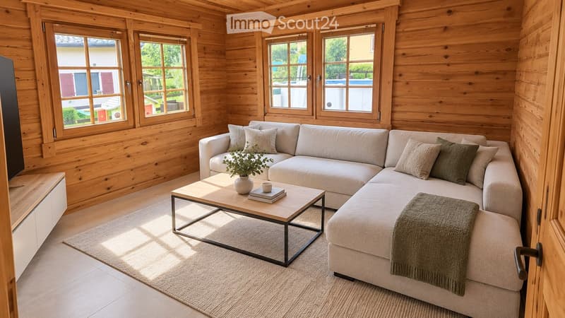 Cozy living room with wooden walls and large windows, featuring a grey sectional sofa, coffee table with a potted plant, books, and a cup, and a blanket draped over the sofa.