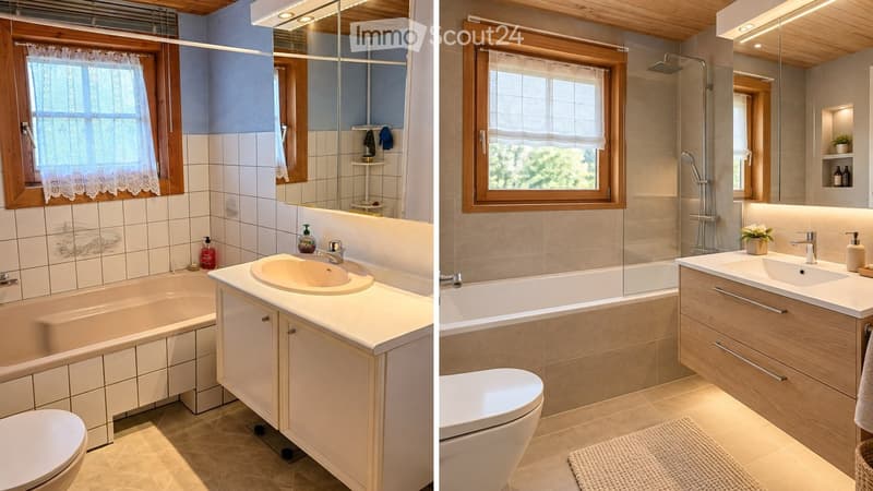 Two modern bathrooms with light wood finishes, white tiles, and large windows. The left bathroom features a bathtub, sink, and toilet with a wooden cabinet and mirror. The right bathroom includes a shower, sink, toilet, and a small plant on the counter.