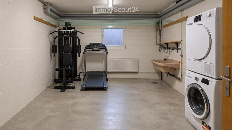 Well-lit room with a treadmill, weight machine, washing machine, and a sink, featuring exposed pipes and a small window.