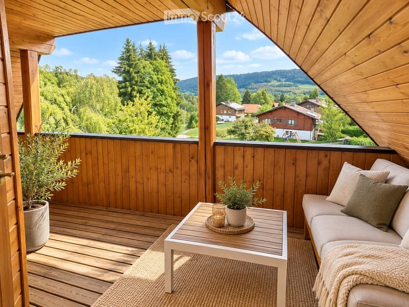Wooden balcony with a scenic mountain view, featuring a sofa, coffee table, and potted plants.
