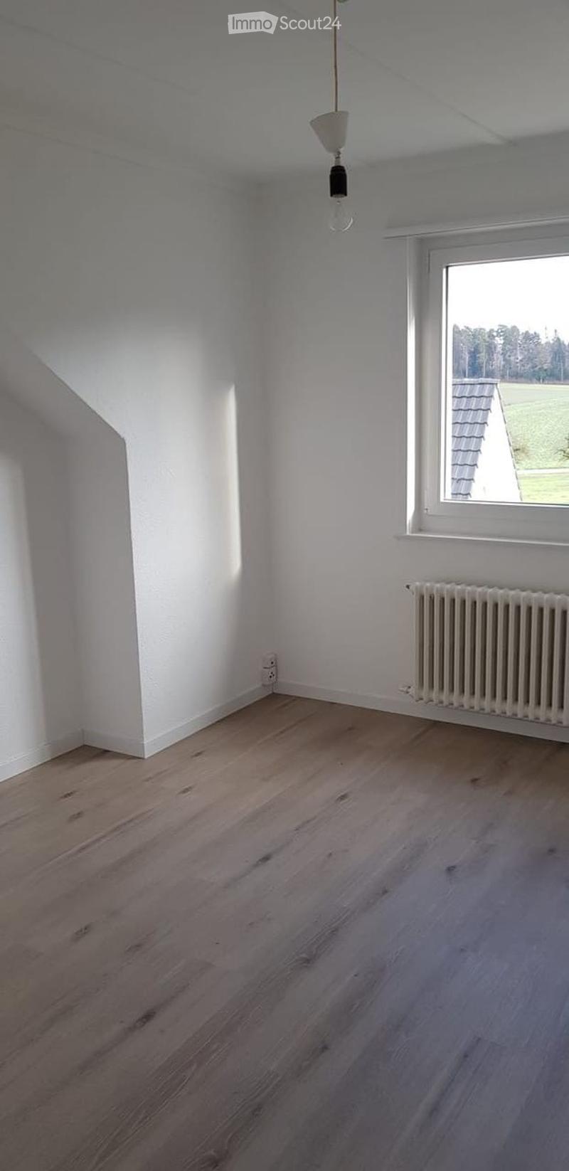 Empty room with wooden flooring, white walls, a radiator, and a window with a view of a green landscape.