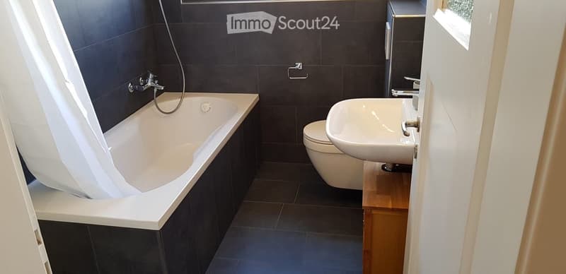 Modern bathroom with a bathtub, toilet, sink, and a shower curtain. Dark tiles on walls and floor, sleek fixtures.