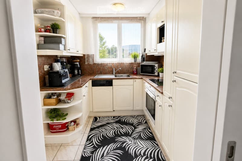 Bright kitchen with white cabinets, a central island, and various appliances including a microwave, coffee maker, and dishwasher. The space features a black and white patterned rug and several potted plants.