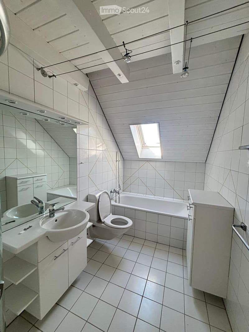 Modern bathroom with white tiles, a sink, toilet, bathtub, and built-in cabinets. Features a skylight window and sleek fixtures.