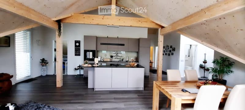 Open-plan living and dining area with modern kitchen, pendant lights, dining table with chairs, laptop, remote control, framed pictures, vase with plant, and a mirror.