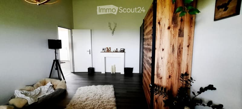 Modern living room with dark wooden flooring, fireplace, floor lamp, pet bed, and decorative items on mantel.