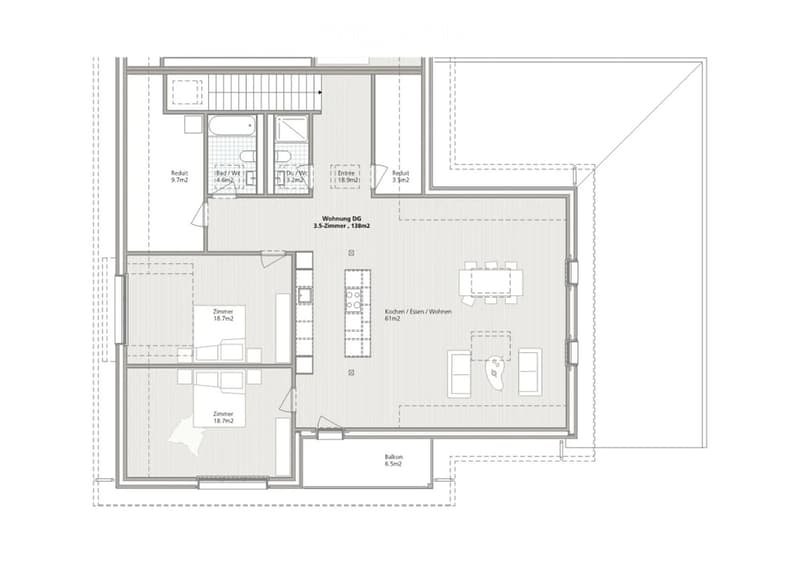 Floor plan of a 3.5-room apartment with 138m2 total area, including a kitchen/dining/living area, two bedrooms, two bathrooms, and a balcony.