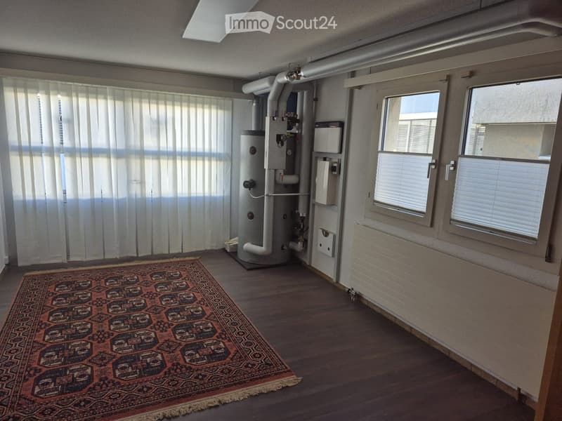 Room with wooden flooring, radiator, water heater, and a patterned rug.