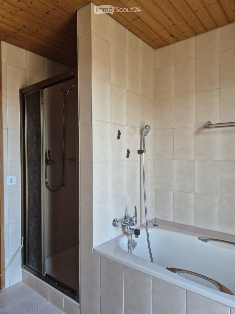 Modern bathroom with a white bathtub, a shower stall with a glass door, and a handheld showerhead. The walls are tiled in light beige, and the ceiling has wooden beams.