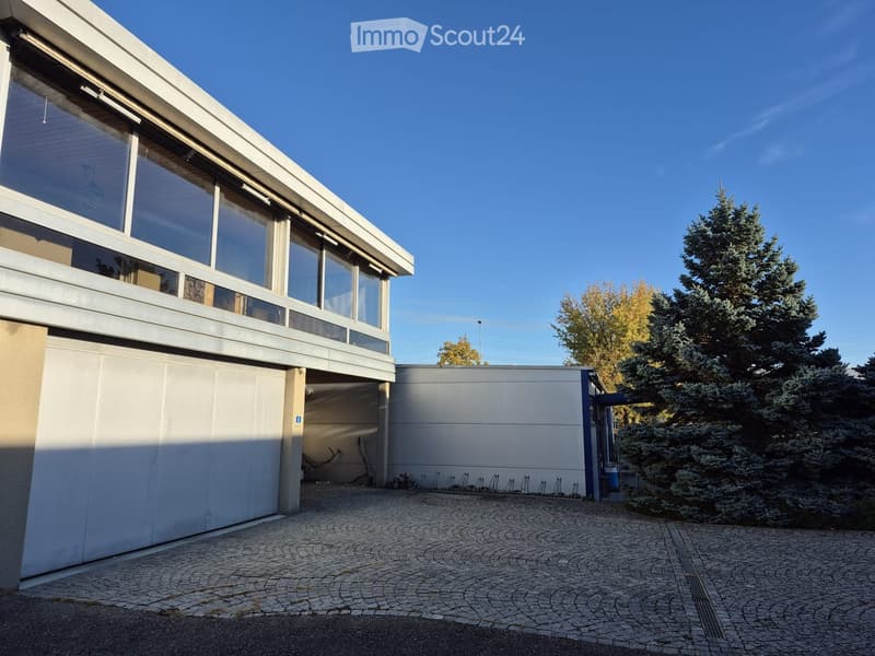 Modern two-story house with large windows, garage, and a paved driveway surrounded by trees.