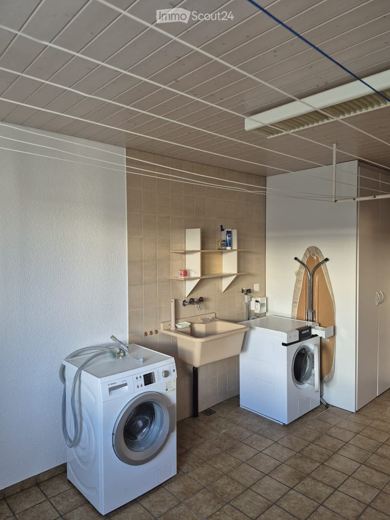A modern bathroom with a washing machine, dishwasher, sink, and shelves for storage.