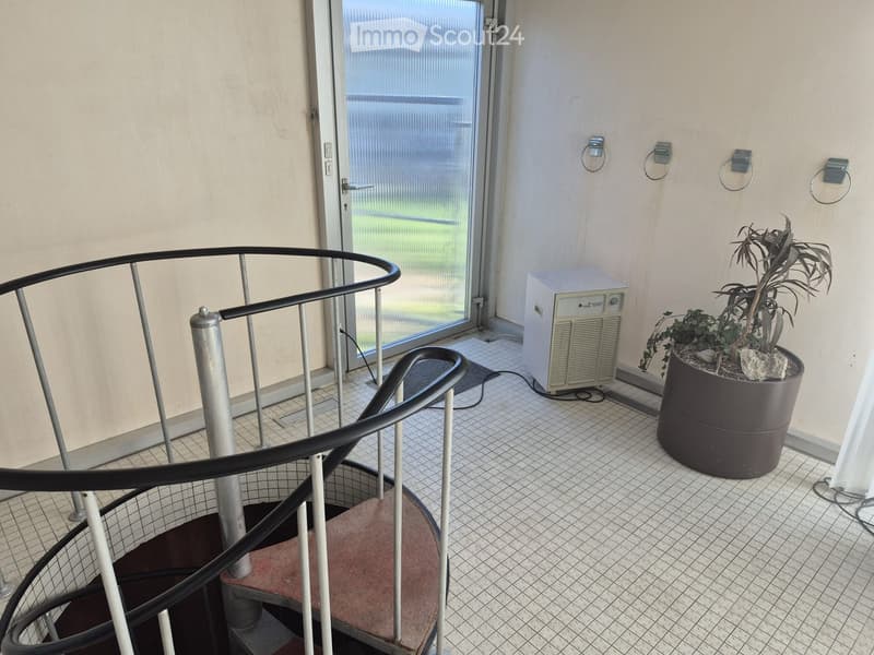 Spiral staircase with a black metal railing and red carpeted steps, adjacent to a tiled hallway with a potted plant and an air conditioning unit.