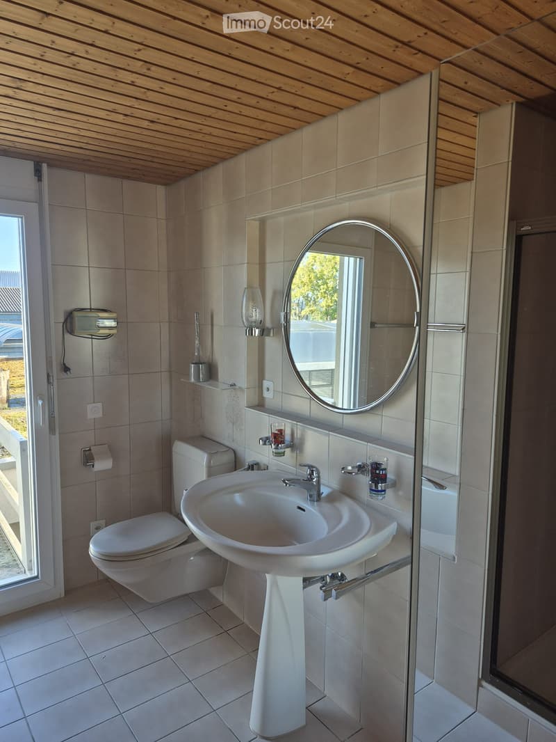 Modern bathroom with a white sink, toilet, round mirror, and decorative glass light fixture. The room features tiled walls and floor, and a window provides natural light.