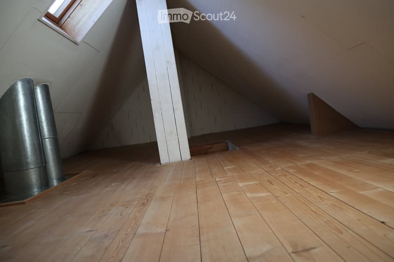 An empty attic space with wooden flooring, white walls, and a skylight window allowing natural light to enter.