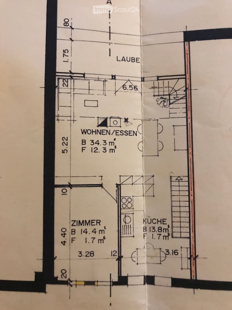 Floor plan showing a living/dining area, bedroom, kitchen, and hallway with labeled dimensions and room names.