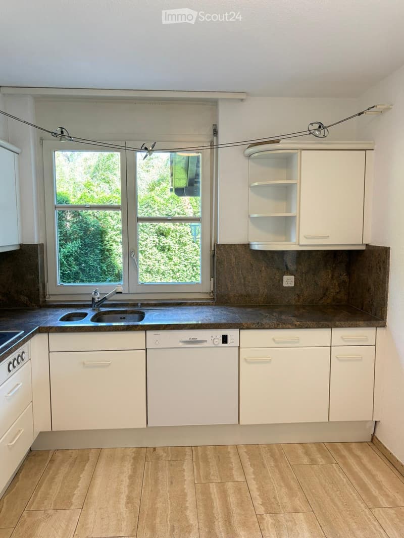 Modern kitchen with white cabinets, a Bosch dishwasher, a double sink, and a window overlooking greenery.