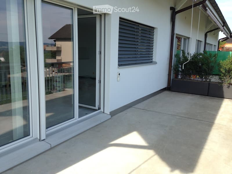 Balcony with concrete floor, large sliding glass door, window with blinds, small plants in pots, and a view of neighboring buildings.