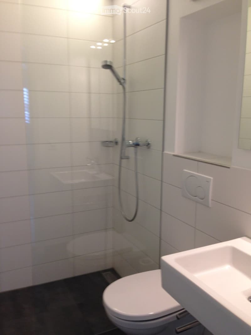 Modern bathroom with white tiles, a toilet, a sink, a shower with glass enclosure, and a mirror above the sink.