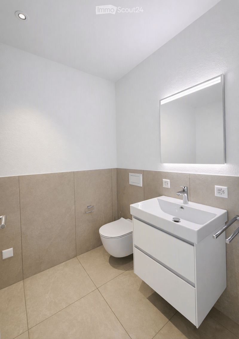 Modern bathroom with a white sink, chrome faucet, large mirror, toilet, and built-in cabinet.