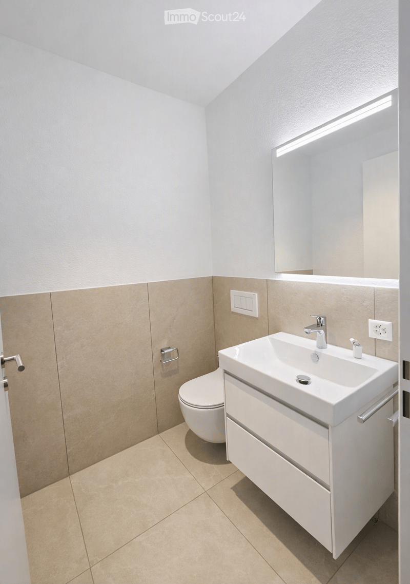 Modern bathroom with a white sink, chrome faucet, large mirror, toilet, and built-in cabinet.