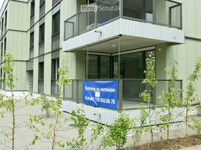 Modern multi-story building with light green facade, large windows, and balconies. A blue banner advertising rental is displayed on the lower level, surrounded by small trees and gravel.