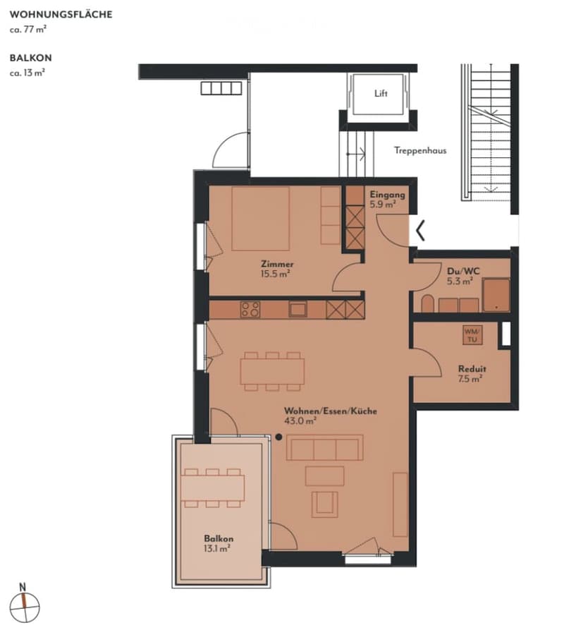 Floor plan of a 77 m² apartment with a 15 m² balcony, featuring a living/dining/kitchen area, bedroom, bathroom, and hallway.