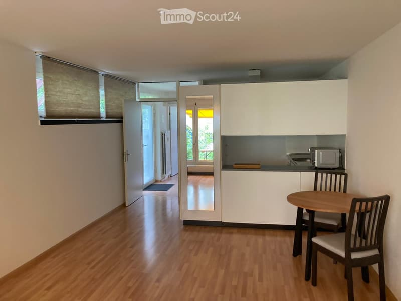 A modern, compact kitchen area with white cabinets, a small dining table with chairs, and a microwave on the counter. The space features wooden flooring and large windows with blinds.