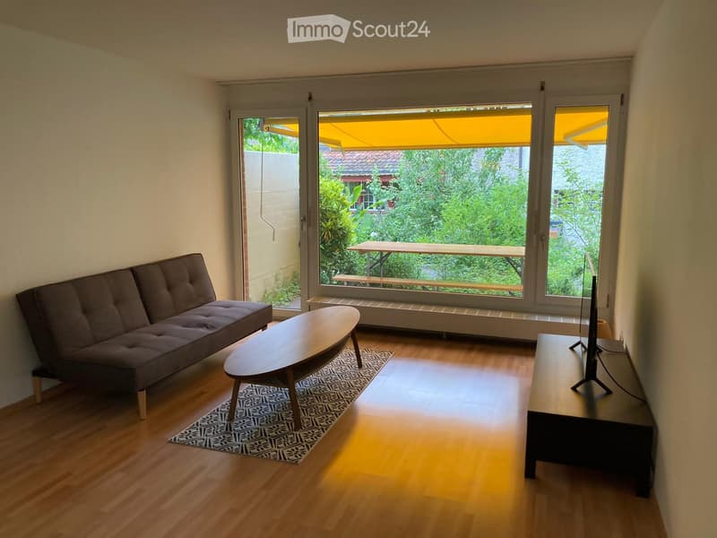 Bright living room with wooden flooring, large windows with yellow awnings, a sofa, coffee table, TV stand, and a small table on a patterned rug.