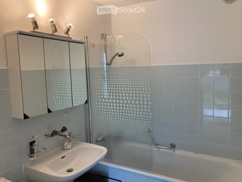 Modern bathroom with a white sink, mirror cabinet, bathtub, and glass shower enclosure.