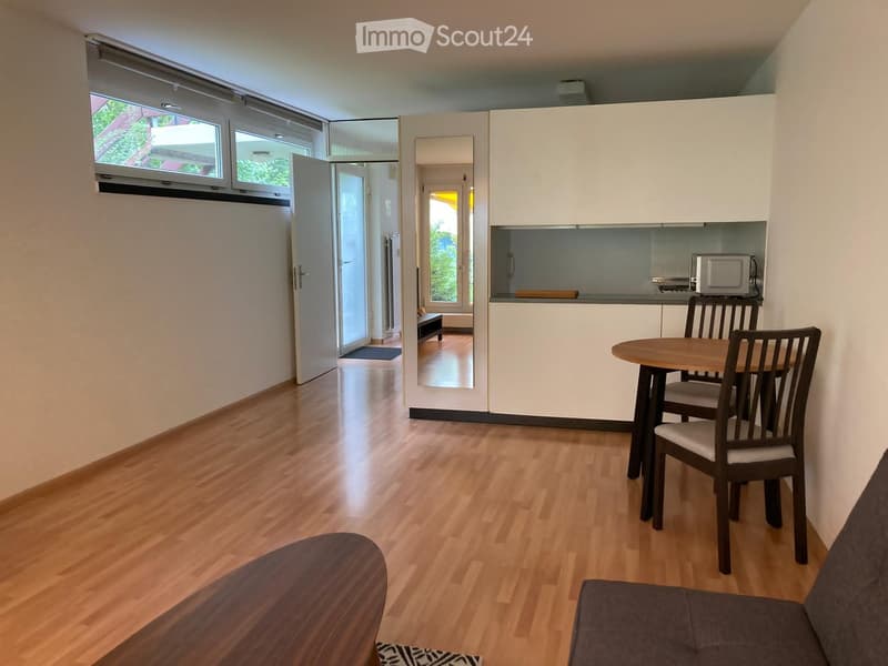 Modern, open-plan living and dining area with light wood flooring, white cabinetry, and large windows. Features a sofa, coffee table, dining table with chairs, microwave, and a mirror.