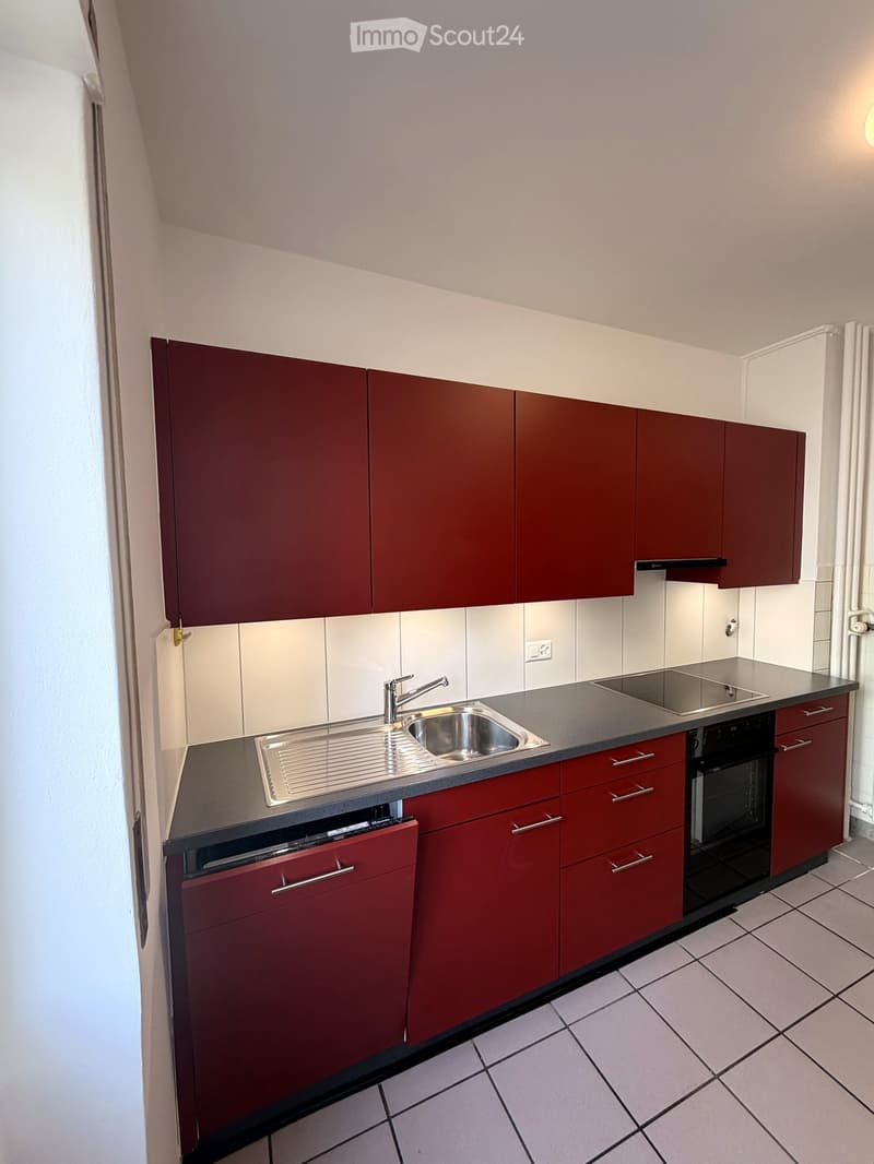 Modern kitchen with red cabinets, stainless steel sink, oven, dishwasher, and tiled floor.