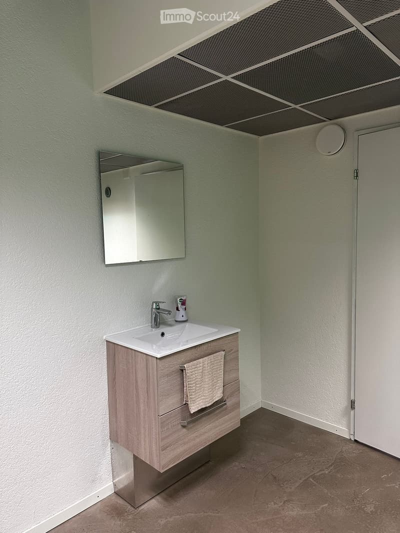 Modern bathroom with a white sink, wooden cabinet, mirror, and towel. The walls are painted in a light green color, and the floor is made of polished concrete.