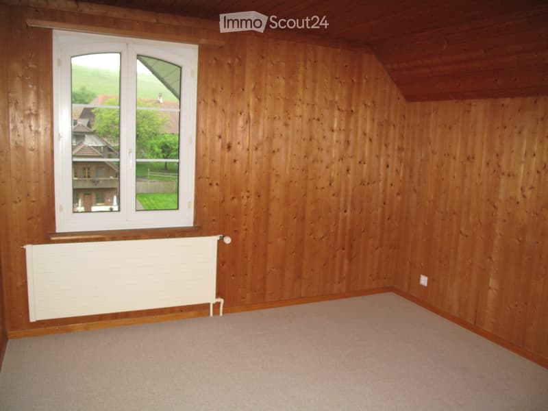 Empty room with wooden walls, carpeted floor, large window, and radiator.