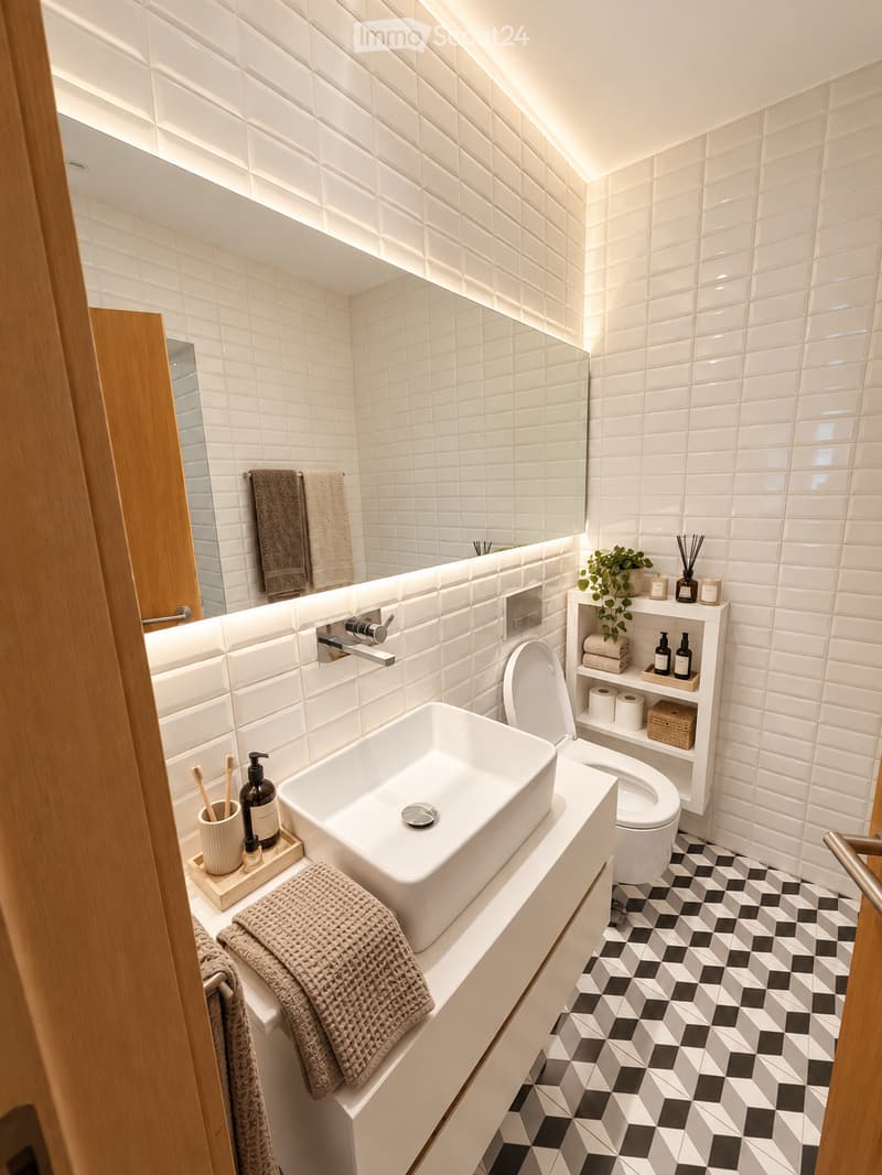 Modern bathroom with white tiles, a large sink, toilet, and a mirror above the sink. The room features a black and white checkered floor, wooden shelves with towels, toiletries, and a small plant.