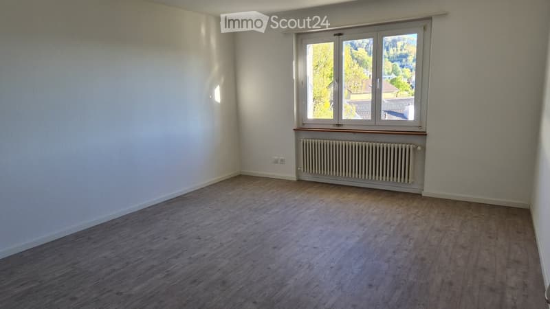 Empty room with light-colored walls, wooden flooring, and a large window with a radiator below it.