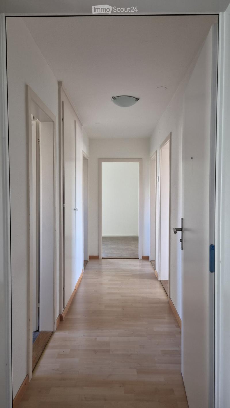 A long, narrow hallway with light wooden flooring, white walls, and several doors on both sides. The ceiling features a modern light fixture, and the hallway leads to an open area at the end.