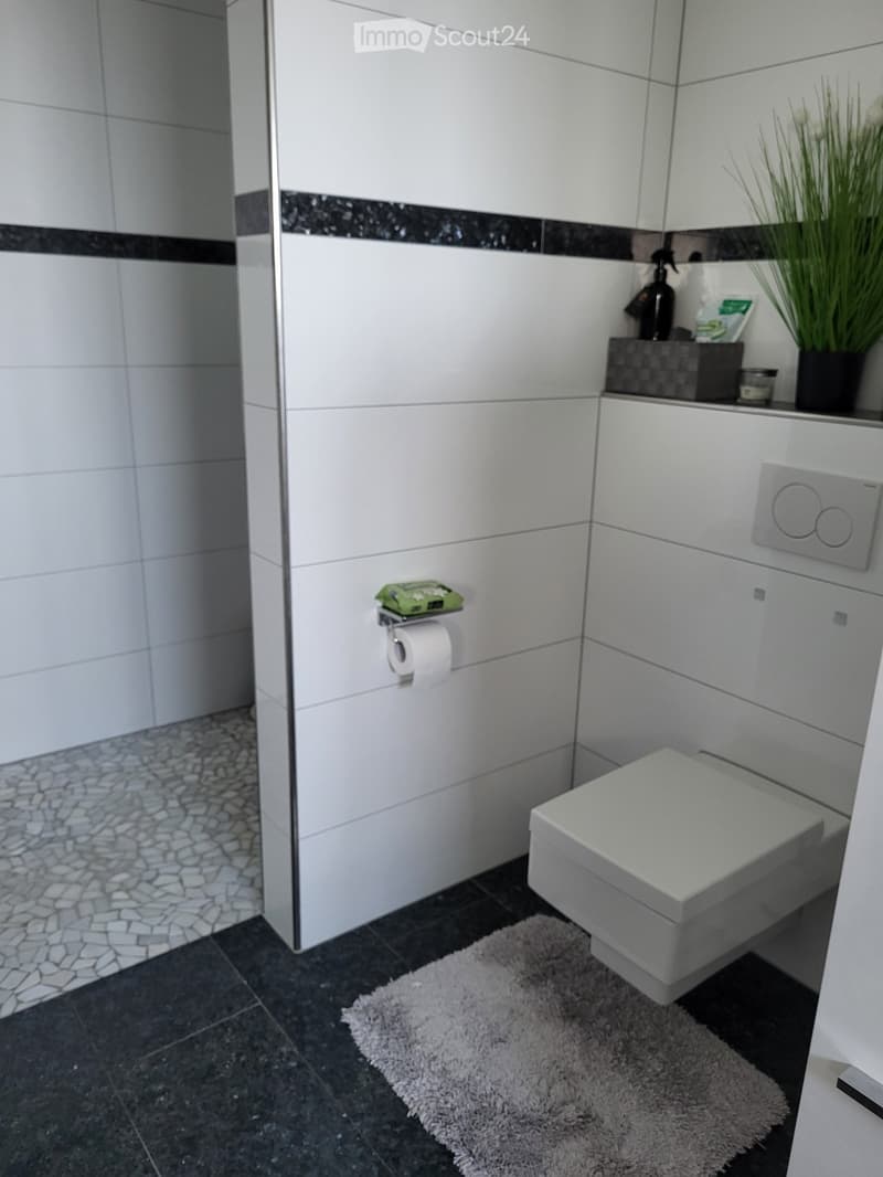 Modern bathroom with white tiles, black accents, a toilet, toilet paper holder, shower area, sink, mirror, and a small plant on the counter.