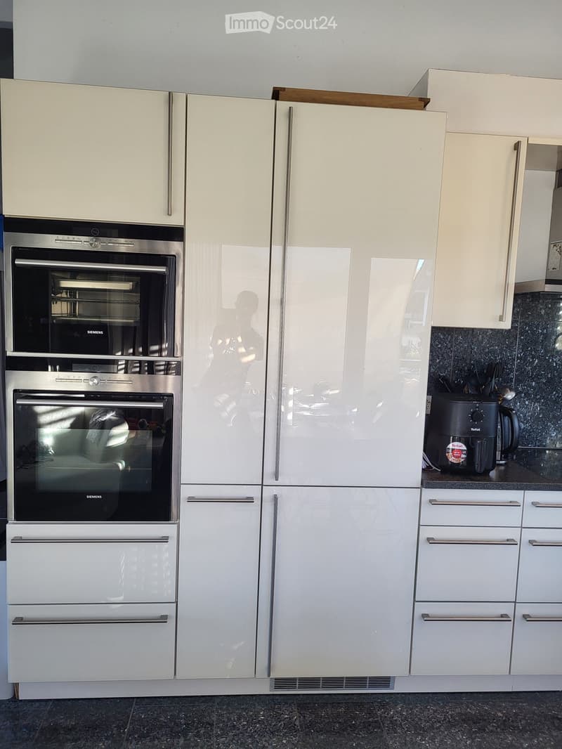 Modern kitchen with white cabinets, stainless steel appliances, and a dark countertop.