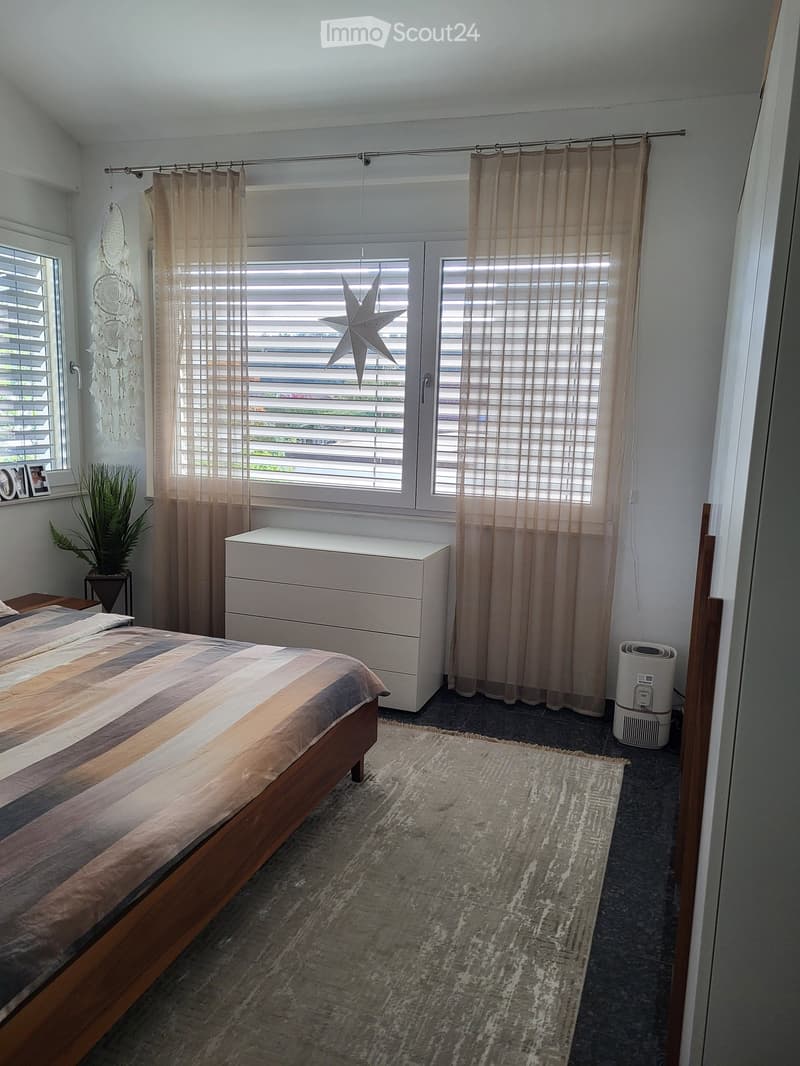 Modern bedroom with a wooden bed, nightstand, drawer unit, and a large window with blinds and sheer curtains. Includes a rug, air purifier, plant, and decorative dreamcatcher.