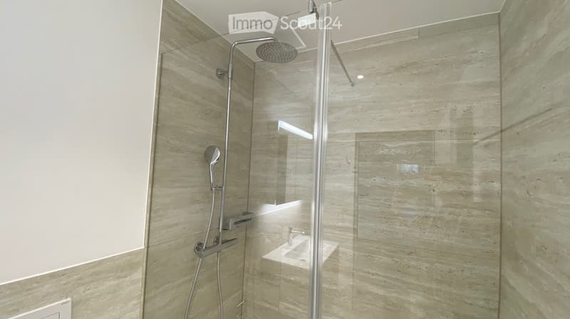 Modern bathroom with a glass-enclosed shower, marble tiles, and a sleek showerhead.