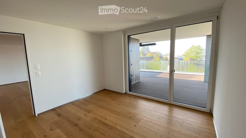 Empty room with light wooden flooring, white walls, and a large sliding glass door leading to a patio area.