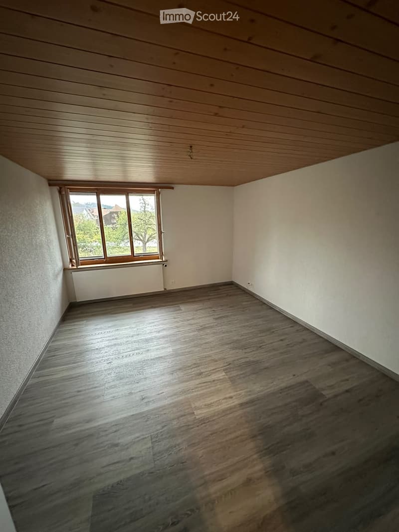 Empty room with wooden flooring, white walls, and a large window with a radiator below it. The ceiling has wooden paneling.
