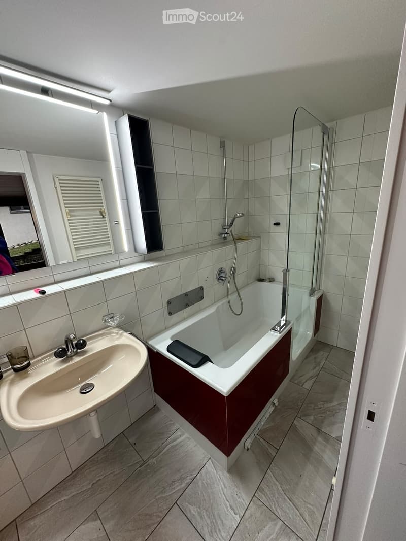 Modern bathroom with a white tiled wall, a sink with a faucet, a bathtub with a glass shower enclosure, and a large mirror above the sink.