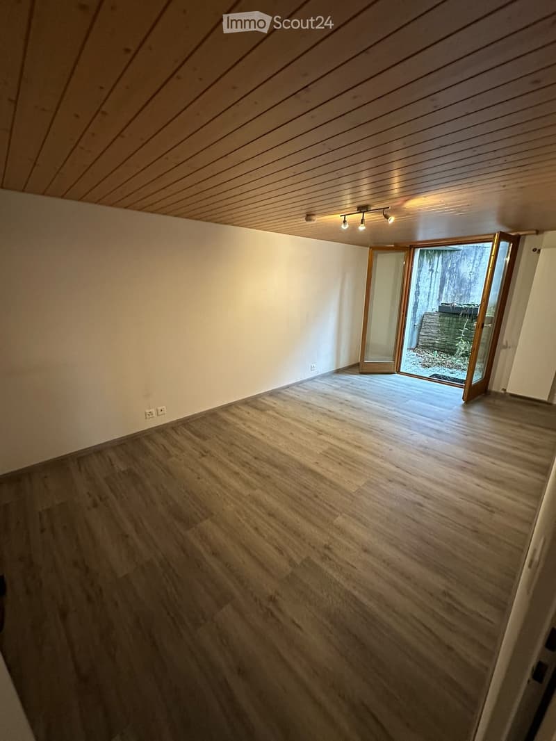 Empty room with wooden flooring, white walls, and a sliding glass door leading to an outdoor area.