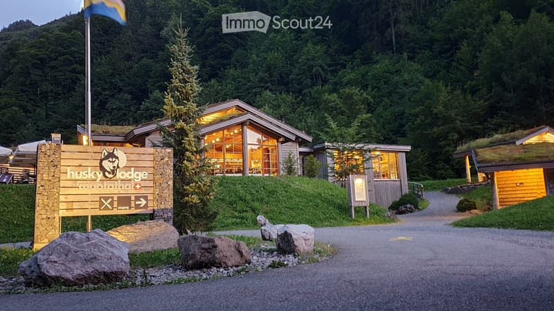A lodge entrance with a wooden sign reading "husky lodge muotathal" and a flagpole, surrounded by greenery and modern buildings with large windows.