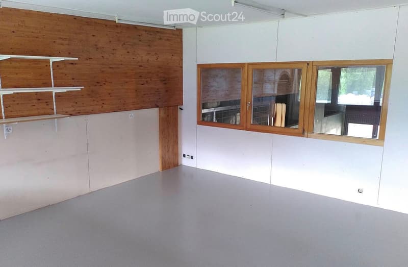 Empty room with white walls, grey floor, wooden paneling on one wall, and large windows with wooden frames.